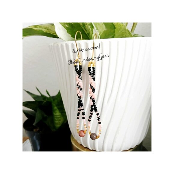 BOGO EARRINGS Rhodonite Gemstone Spiral Beaded Dangle Earrings, Pink & Black - Picture 7 of 9